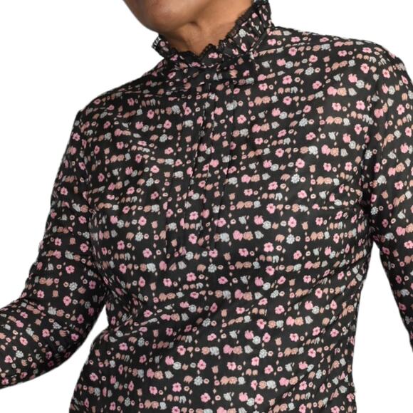 Vintage Prairie Blouse Black Floral Victorian Ruffle High Neck Ditsy Size Small - Picture 1 of 15